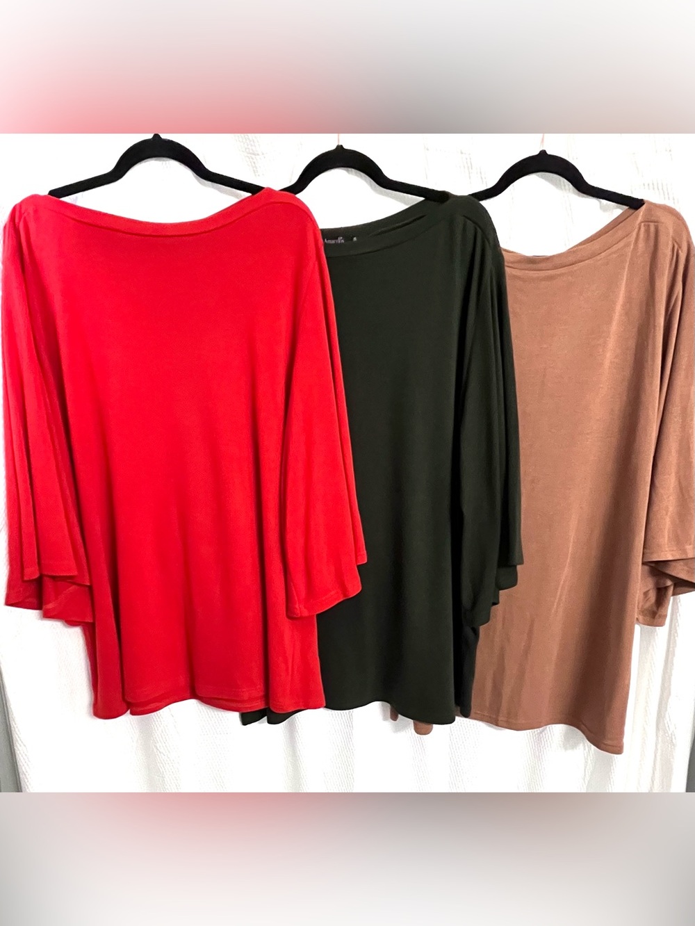 Amaryllis Women's Boatneck Tops w/Bell Sleeves - Red, Olive, Tan